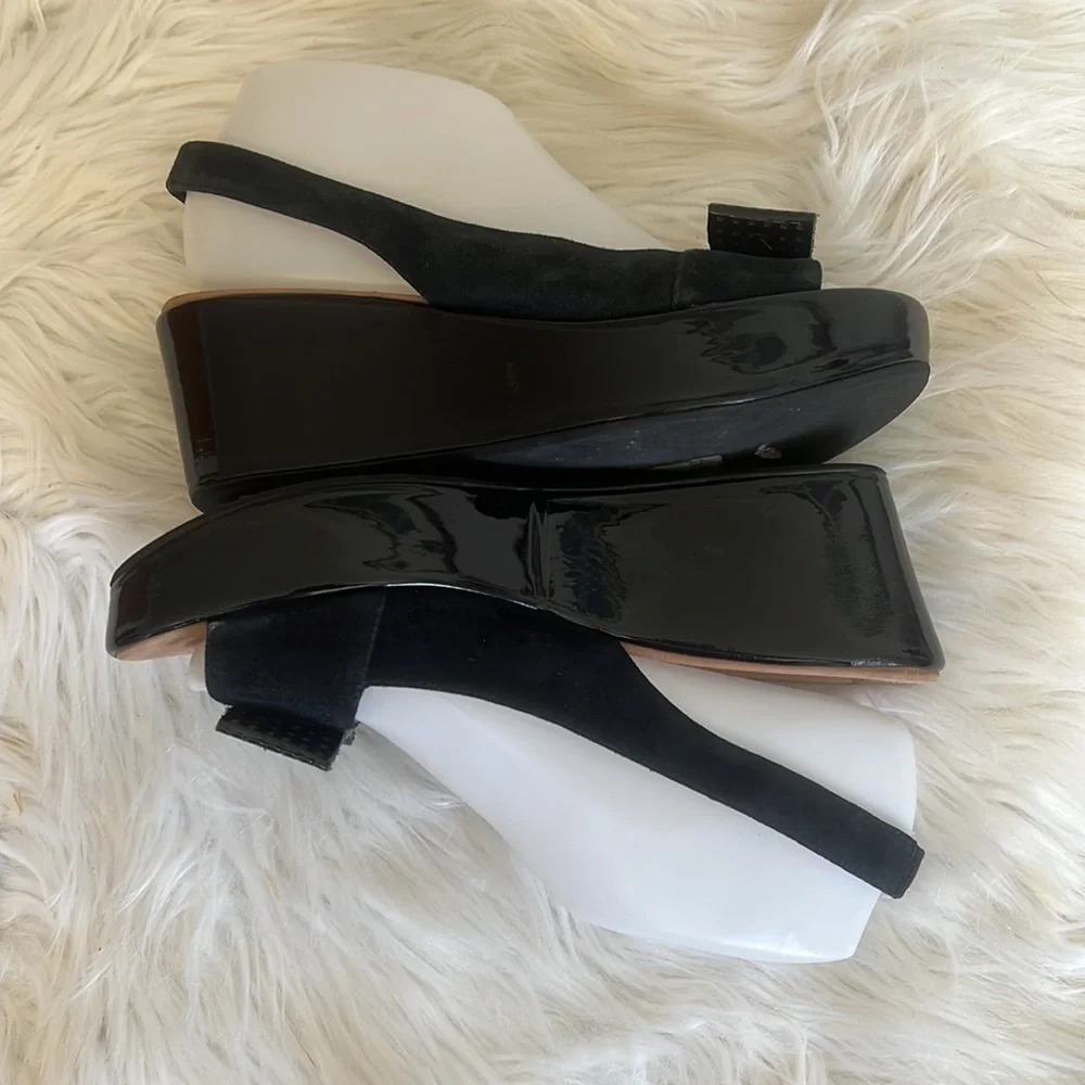 Hobbs London Black Suede And Patent Leather Slingback Wedge Sandals Sz-8/38 - Picture 4 of 9